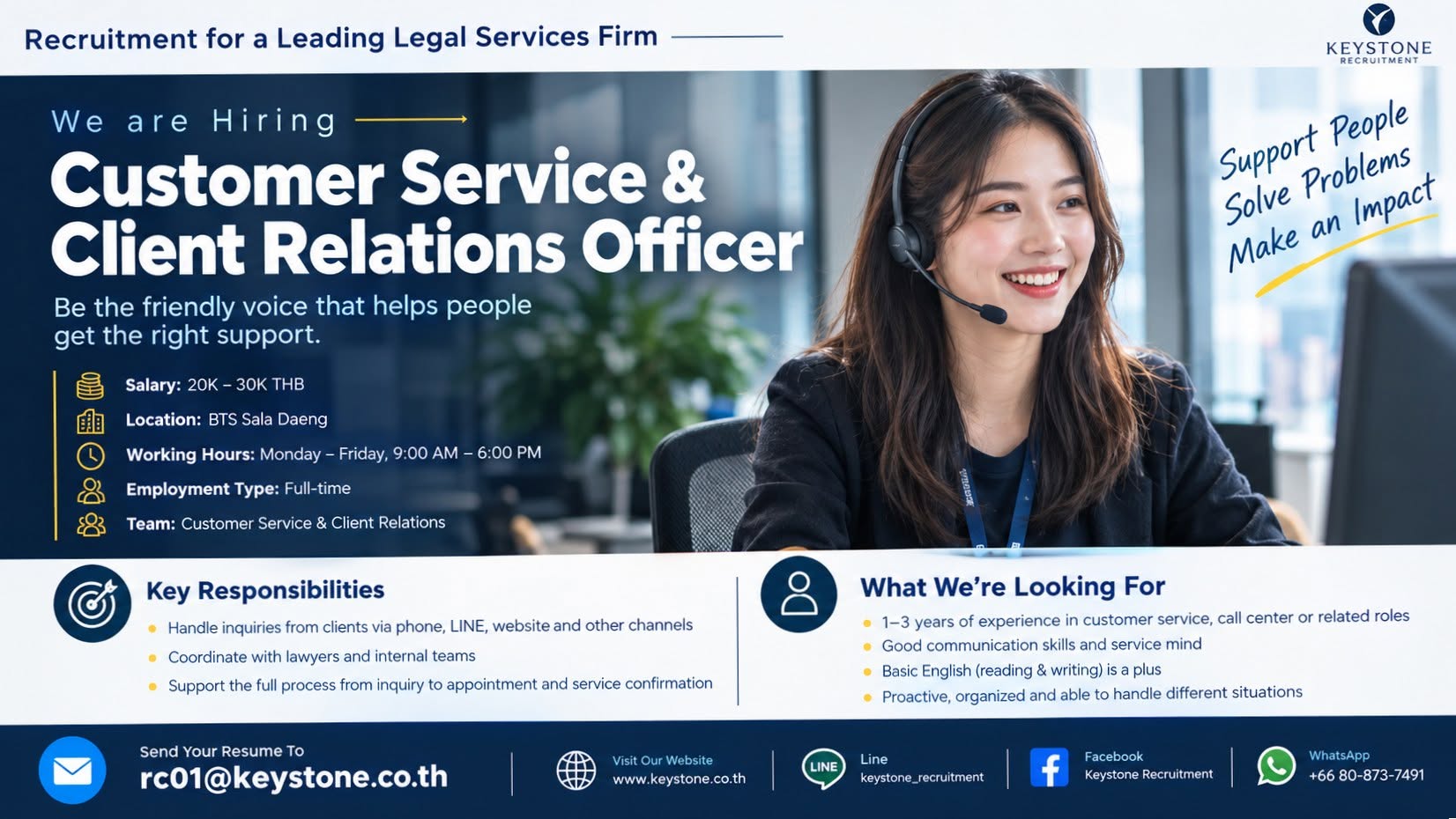 กำลังมองหา Customer Service ที่ไม่ได้อยากทำแค่รับสายครับ
20,000–30,000 THB + Commission
BTS ศาลาแดง
Monday–Friday, 8:30–17:30
On-site
ตอนนี้ผมกำลังดูแลตำแหน่ง Customer Service & Client Relations Officer ให้กับบริษัทด้าน Legal Services แห่งหนึ่งครับ
บทบาทนี้จะได้คุยกับลูกค้าโดยตรงตั้งแต่เริ่มสอบถามข้อมูล ไปจนถึงการนัดหมายและประสานงานกับทีม Lawyer เรียกได้ว่าไม่ได้มีแค่ Customer Service แต่จะได้แตะทั้ง Client Relations + Sales Support ด้วย
สิ่งที่ต้องทำหลัก ๆ คือ
• รับและตอบคำถามลูกค้าผ่าน Phone / LINE / Website
• ทำความเข้าใจความต้องการของลูกค้าและเก็บข้อมูลเบื้องต้น
• ประสานงานกับ Lawyer และทีมที่เกี่ยวข้อง
• Follow up ลูกค้า รวมถึงลูกค้าที่ได้รับ Quotation แล้ว
• ดูแลข้อมูลลูกค้าและติดตามสถานะตั้งแต่ Inquiry → Appointment → Service
ผมกำลังมองหาคนที่มีประสบการณ์ประมาณ 1–3 ปี ในสาย Customer Service, Call Center, Telesales, Sales Support, Inside Sales, Receptionist หรือ Customer Relations
ไม่จำเป็นต้องมีความรู้ด้านกฎหมายครับ มี Training ให้
สิ่งที่สำคัญกว่าคือ พูดคุยกับลูกค้าได้ดี ฟังเป็น มี Service Mind และ Follow-up งานเป็น
ถ้าเคยทำงานที่ต้องรับมือลูกค้าหลากหลายแบบ รวมถึงเคสที่ลูกค้าไม่พอใจหรือมีเรื่องต้องอธิบายอย่างละเอียด จะค่อนข้างตรงกับงานนี้ครับ
ถ้าคุณกำลังมองหา Customer Service role ที่ได้พัฒนาตัวเองไปทาง Client Relations / Sales Support มากขึ้น ส่ง CV มาให้ผมดูได้ครับ
rc01@keystone.co.th
080-873-7491
หรือถ้าคุณมีประสบการณ์ใกล้เคียง แต่ไม่แน่ใจว่าตรงไหม ส่งมาให้ผมดูได้ครับ เดี๋ยวผมช่วยเช็กให้ก่อน
#CustomerService #CustomerRelations #ClientRelations #CallCenter #SalesSupport #JobsInThailand #BangkokJobs #Hiring #KeystoneRecruitment