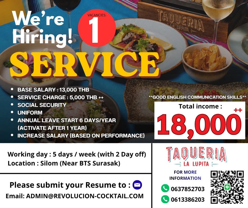 La Lupita รับสมัครพนักงานด่วน!
ตำแหน่ง: พนักงานบริการ (Service Staff) 1 อัตรา
เงินเดือนเริ่มต้นรวม 18,000++ บาท (ไม่รวมทิป OT และอื่น ๆ )
ทำงาน 5 วัน หยุด 2 วัน/สัปดาห์
คุณสมบัติ
- ชาย / หญิง อายุไม่เกิน 35 ปี
- สามารถทำงานเป็นกะได้
- สามารถสื่อสารภาษาอังกฤษได้
- หากพร้อมเริ่มงานทันที จะพิจารณาเป็นพิเศษ
- ขยัน ซื่อสัตย์ อดทน และพร้อมเรียนรู้งาน
━━━━━━━━━━━━━━━━━━
สมัครงาน / สอบถามเพิ่มเติม
Email: admin@revolucion-cocktail.com
https://maps.app.goo.gl/4yf2kBUCfd3vhfce9
สามารถเข้ามาเขียนใบสมัครได้ที่ร้านได้ตลอด
La Lupita
063-7852703
* ติดต่อ HR (10:00-19:00) - LINE ID: whanppp99
TEL: 061-3386203
ขอบคุณค่ะ